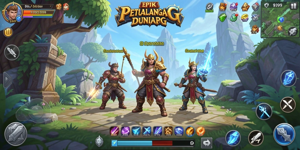 Screenshot menggambarkan pertarungan epic dalam game RPG 9399.