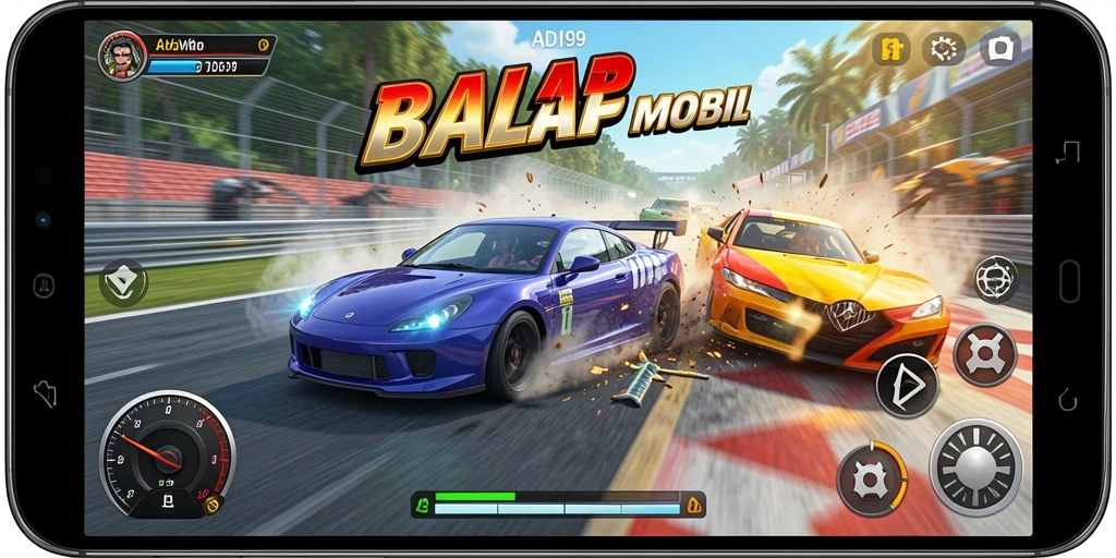 Screenshot ADI99 menunjukkan aksi balap mobil yang mendebarkan dan grafis menawan.
