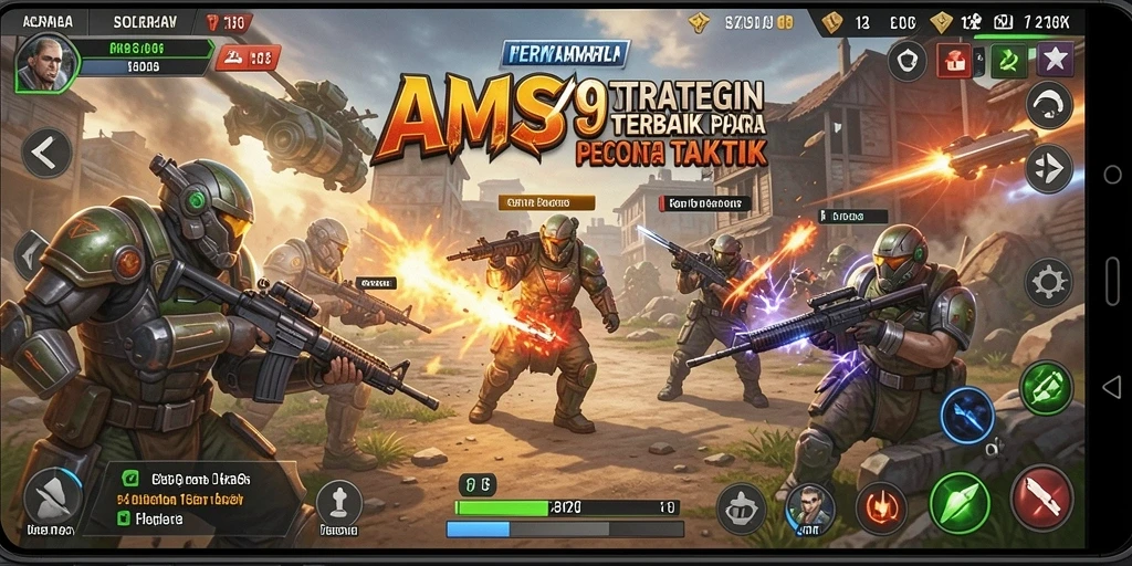 Screenshot utama AMS789 menampilkan aksi pertempuran strategi yang intens.