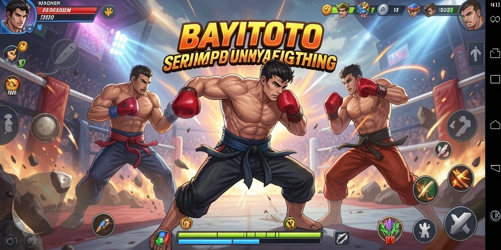 Screenshot utama menunjukkan pertarungan seru dalam BAYITOTO dengan karakter yang atraktif.