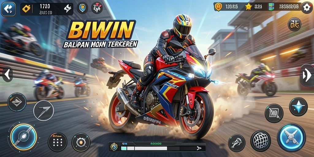 Tampilan gameplay seru dalam BIWIN saat balapan motor di lintasan.