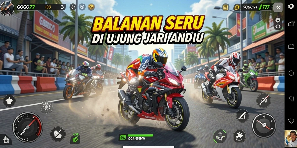 Tampilan gameplay GOGO77 yang mendebarkan saat balapan motor.