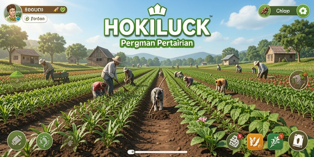 Tangkapan layar gameplay HOKILUCK menampilkan aktivitas bertani dengan tanaman hijau.