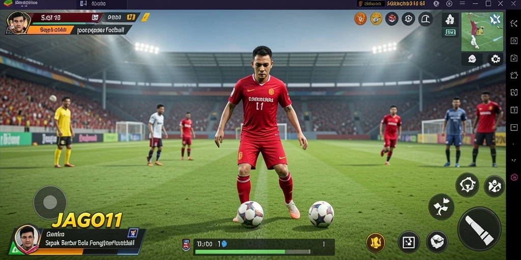 Tampilan gameplay JAGO11 dengan aksi permainan sepak bola yang seru.