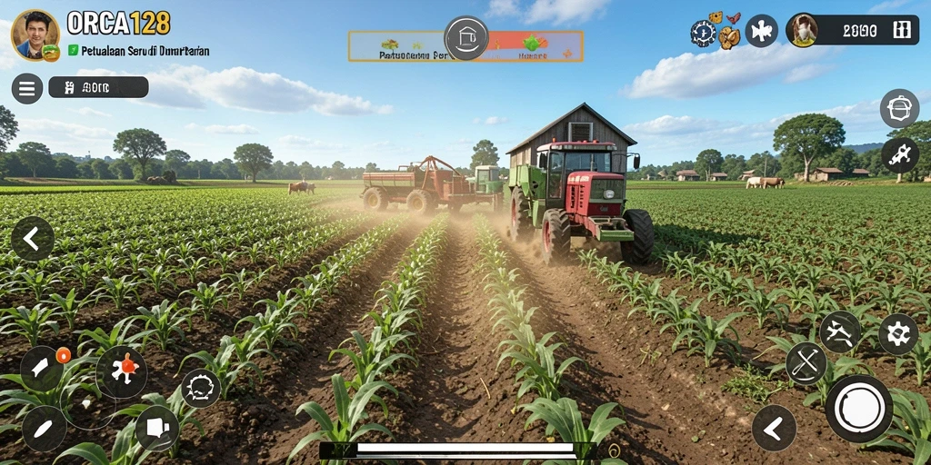 Screenshot gameplay ORCA128 menampilkan aktivitas pertanian yang beragam dan menyenangkan.