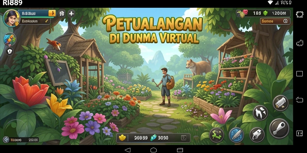 Tampilan gameplay RI889 yang menunjukkan aktivitas berkebun yang menyenangkan.
