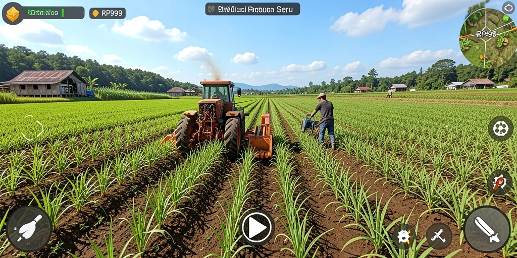 Tangkapan layar dari gameplay RR999 yang menunjukkan kebun yang subur dan hewan peliharaan.